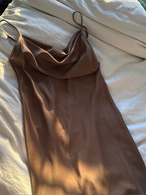 BROWN BEBE COWL NECK MIDI DRESS